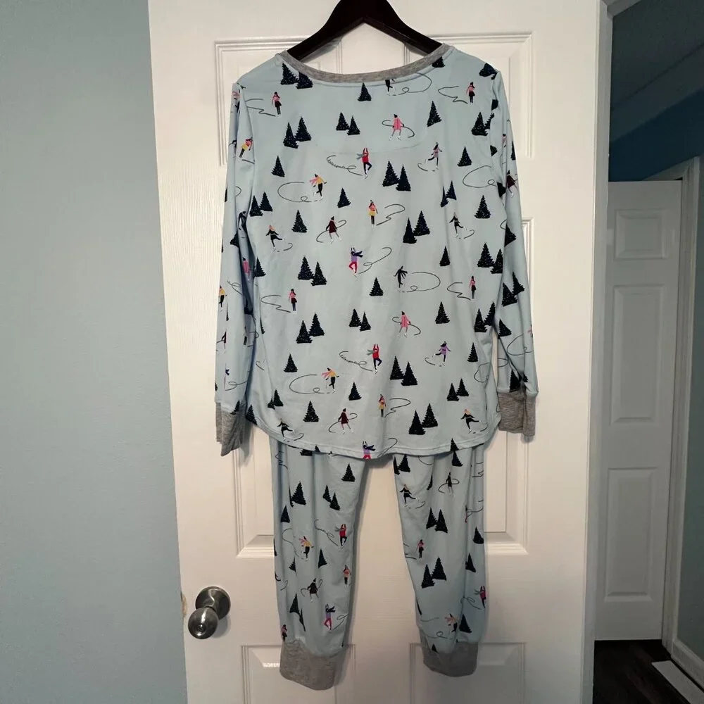 Kate Spade Holiday Christmas Skating Winter Blue Gray Jogger Pajamas Size XL - Picture 2 of 12